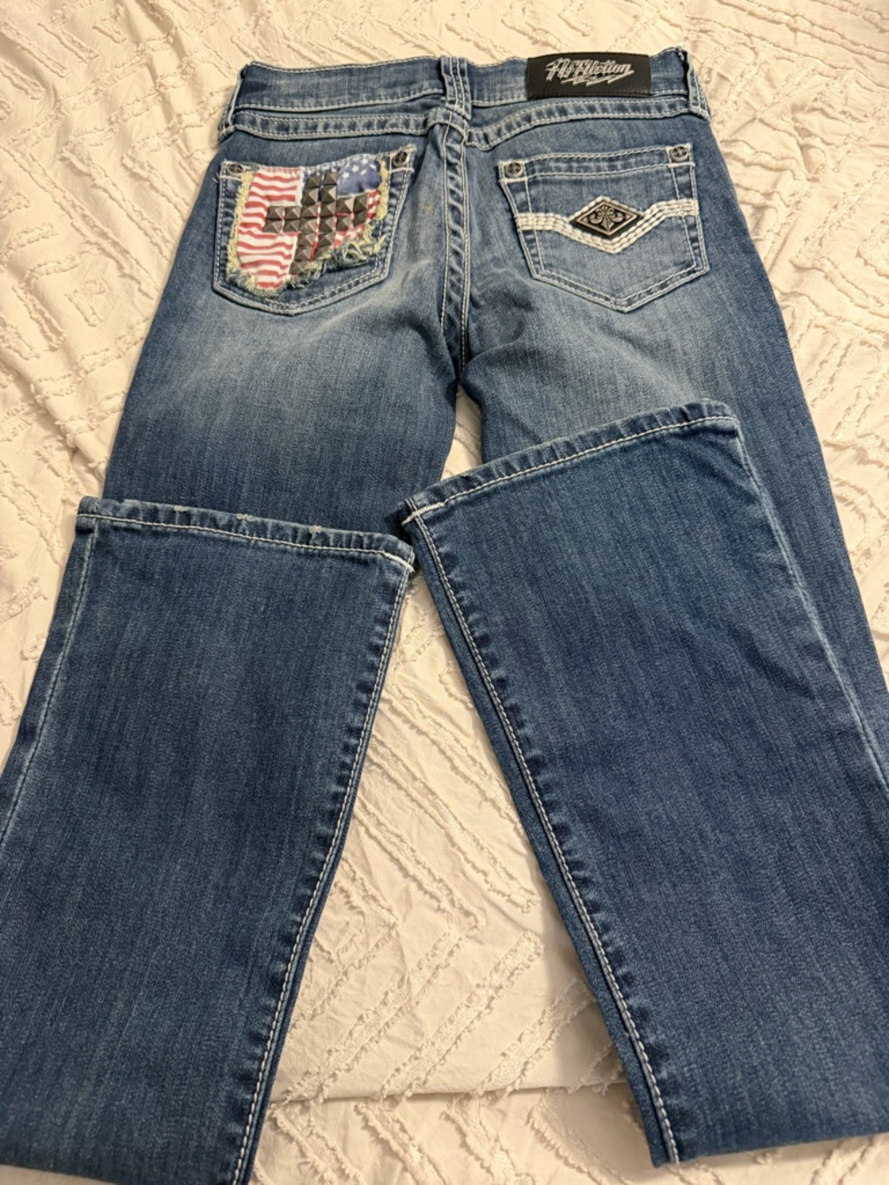 Affliction Women's Blue Distressed Flag-Panel Straight Leg Jeans - Picture 4 of 4